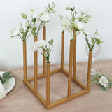 Gold Metal 8-Tubes Single Stemmed Flower Vase Centerpiece with Hollow Square Base