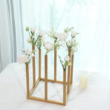 Gold Metal 8-Tubes Single Stemmed Flower Vase Centerpiece with Hollow Square Base