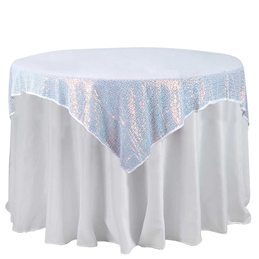 60x60inch Iridescent Blue Duchess Sequin Square Table Overlay, Table Linen Decor