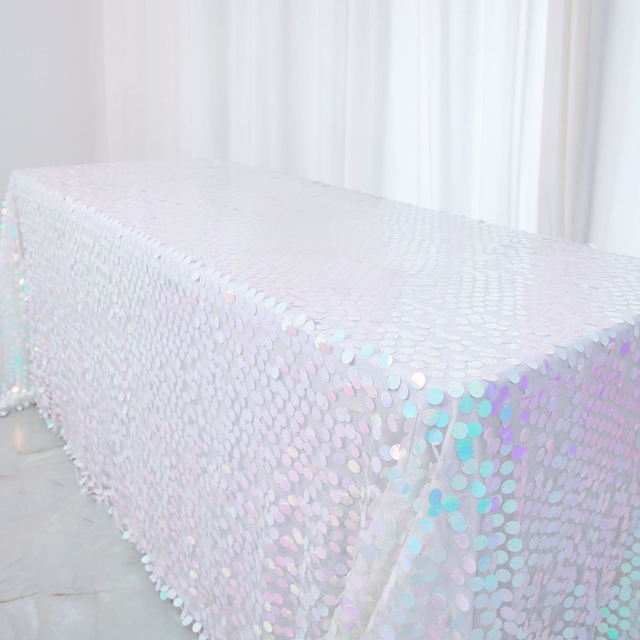 90"x156" Iridescent Blue Seamless Big Payette Sequin Rectangle Tablecloth Premium for 8 Foot Table With Floor-Length Drop