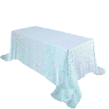 90"x132" Iridescent Blue Seamless Big Payette Sequin Rectangle Tablecloth Premium Collection for 6 Foot Table With Floor-Length Drop