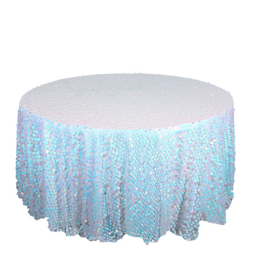 120" Iridescent Blue Seamless Big Payette Sequin Round Tablecloth Premium Collection