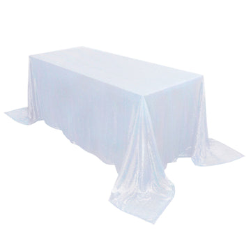 90"x132" Iridescent Blue Seamless Premium Sequin Rectangle Tablecloth for 6 Foot Table With Floor-Length Drop