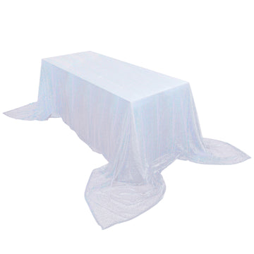 90"x156" Iridescent Blue Seamless Premium Sequin Rectangle Tablecloth for 8 Foot Table With Floor-Length Drop