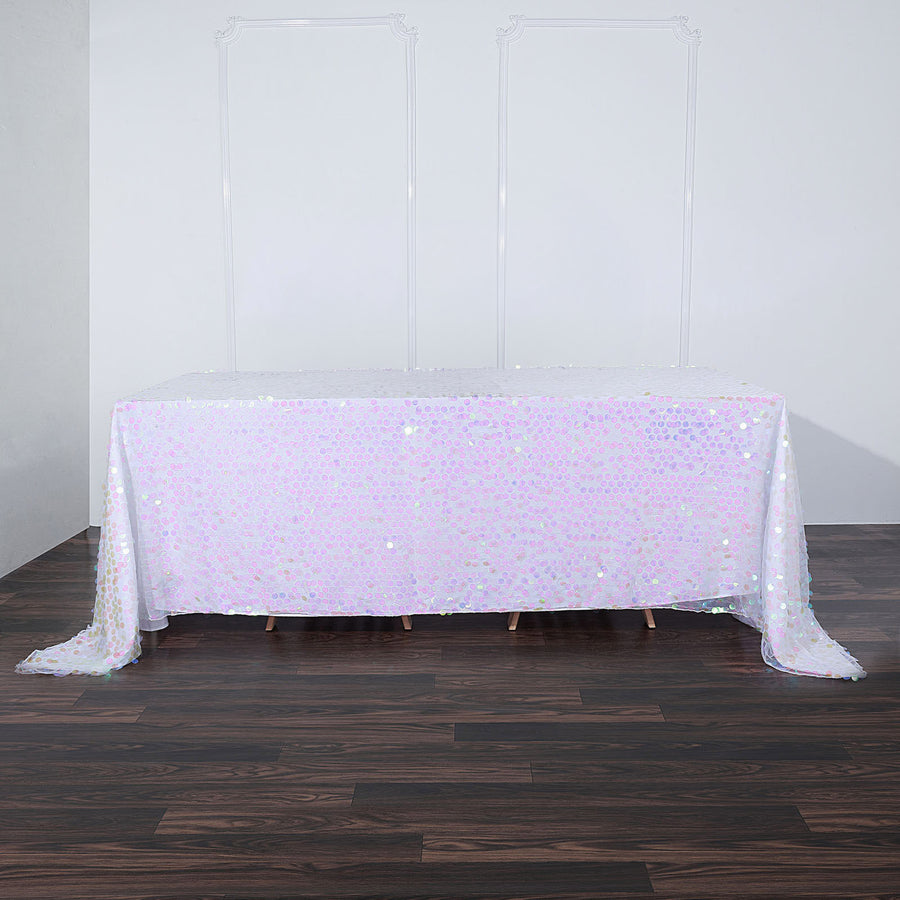 90"x132" Iridescent Seamless Big Payette Sequin Rectangle Tablecloth for 6 Foot Table With Floor-Length Drop
