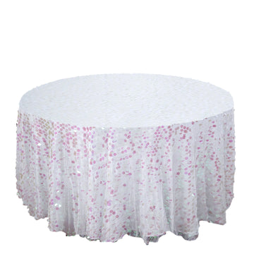 120" Iridescent Seamless Big Payette Sequin Round Tablecloth Premium Collection for 5 Foot Table With Floor-Length Drop