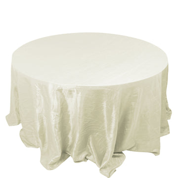 132" Ivory Accordion Crinkle Taffeta Seamless Round Tablecloth for 6 Foot Table With Floor-Length Drop