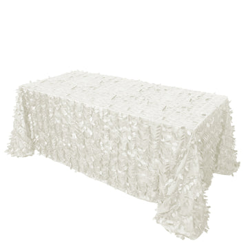 90"x132" Ivory Leaf Petal Taffeta Seamless Rectangle Tablecloth for 6 Foot Table With Floor-Length Drop