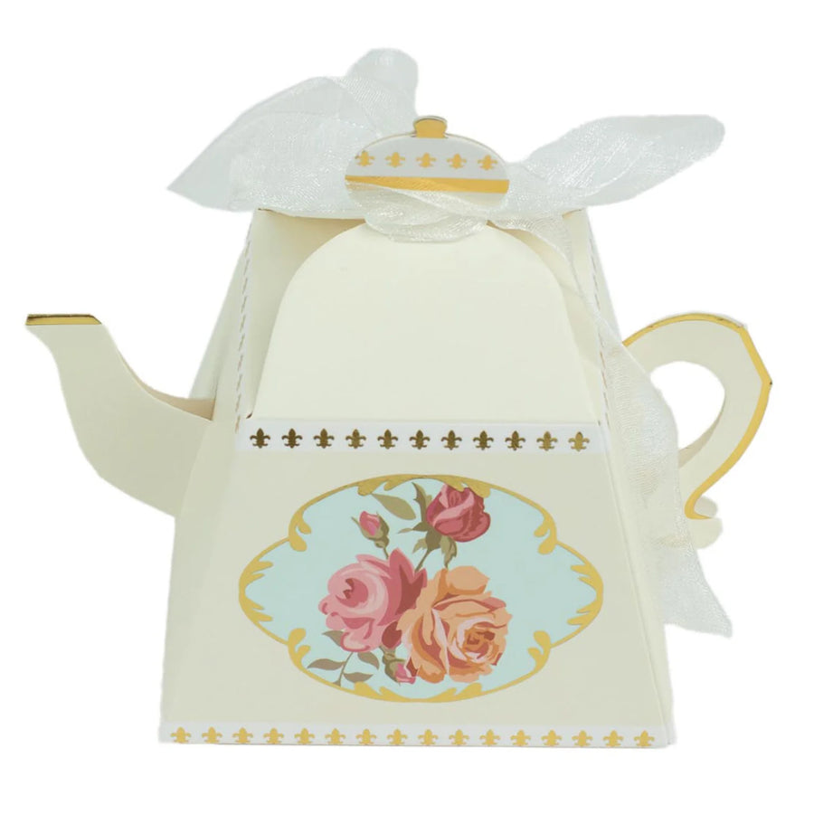 25 Pack | 4inch Ivory Mini Teapot Favor Boxes, Tea Time Gift Box with Ribbon#whtbkgd