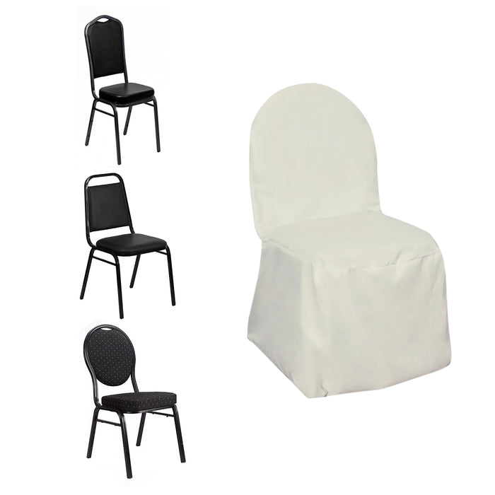 Ivory Polyester Banquet Chair Cover, Reusable Stain Resistant Slip On Chair Cover