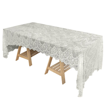 60"x120" Ivory Premium Lace Seamless Rectangle Tablecloth, Vintage Lace Table Cover With Scalloped Frill Edges