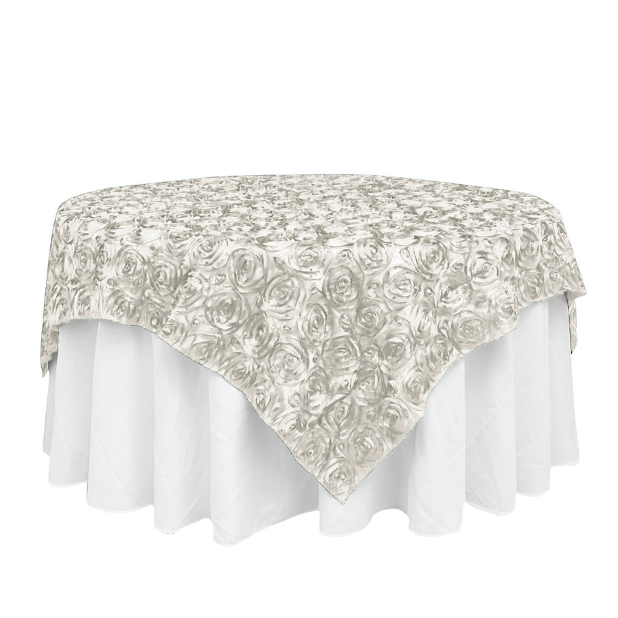 72x72inch Ivory 3D Rosette Satin Table Overlay, Square Tablecloth Topper