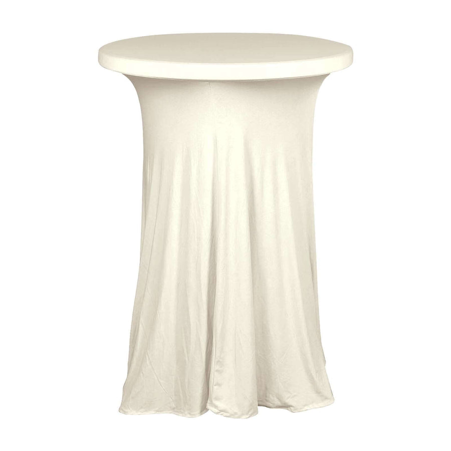 Ivory Round Heavy Duty Spandex Cocktail Table Cover With Natural Wavy Drapes