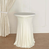 Ivory Round Heavy Duty Spandex Cocktail Table Cover With Natural Wavy Drapes