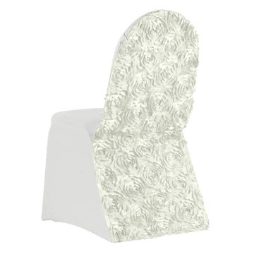 Ivory Satin Rosette Spandex Stretch Banquet Chair Cover, Fitted Slip On Chair Cover