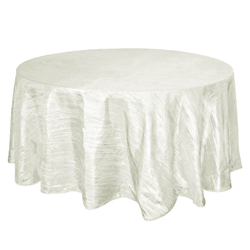120" Ivory Seamless Accordion Crinkle Taffeta Round Tablecloth for 5 Foot Table With Floor-Length Drop