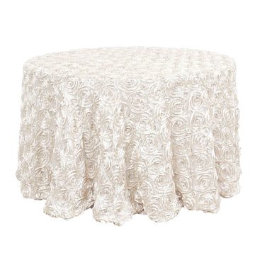120" Ivory Seamless Grandiose 3D Rosette Satin Round Tablecloth for 5 Foot Table With Floor-Length Drop