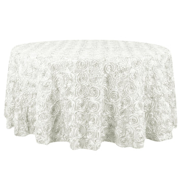 132" Ivory Seamless Grandiose Rosette 3D Satin Round Tablecloth for 6 Foot Table With Floor-Length Drop
