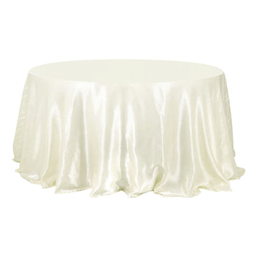 132" Ivory Seamless Satin Round Tablecloth for 6 Foot Table With Floor-Length Drop