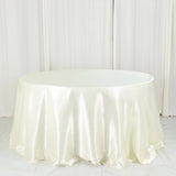 132" Ivory Seamless Satin Round Tablecloth for 6 Foot Table With Floor-Length Drop