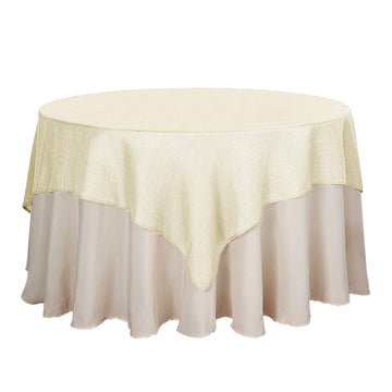 72"x72" Ivory Slubby Textured Linen Square Table Overlay, Wrinkle Resistant Polyester Tablecloth Topper