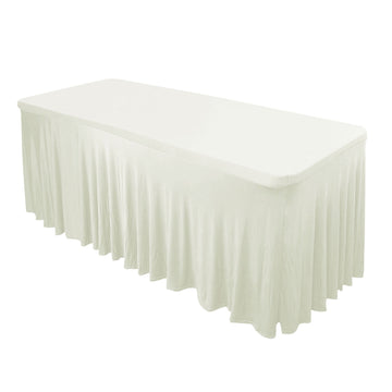 6ft Ivory Wavy Spandex Fitted Rectangle 1-Piece Tablecloth Table Skirt, Stretchy Table Skirt Cover with Ruffles