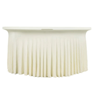 Ivory Wavy Spandex Fitted Round 1-Piece Tablecloth Table Skirt 6ft, Stretchy Table Cover with Ruffles For 72 In Tables