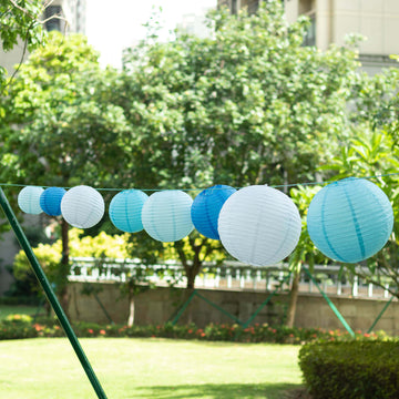 Set of 8 Mixed Blue White Hanging Paper Lanterns, Decorative Round Chinese Sky Lanterns, Assorted Sizes - 6",8",10",14"