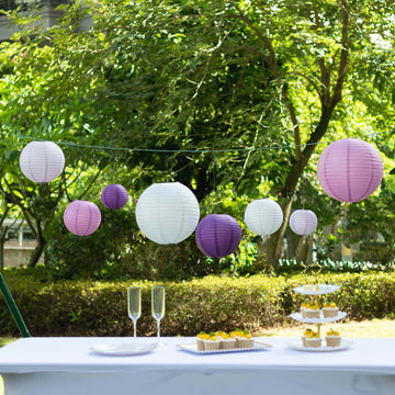 Set of 8 Mixed Purple White Hanging Paper Lanterns, Decorative Round Chinese Sky Lanterns, Assorted Sizes - 6",8",10",14"