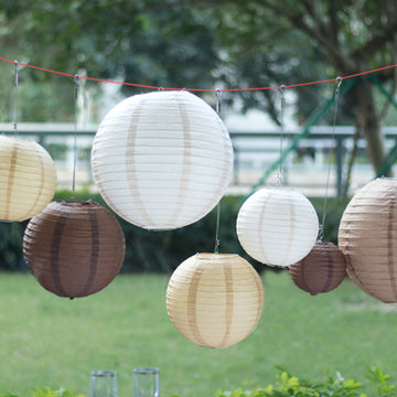 Set of 8 Natural Brown Hanging Paper Lanterns Assorted Sizes, Decorative Round Chinese Sky Lanterns - 6",8",10",14"