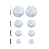 Blue floral paper lanterns in various sizes: 6, 8, 10, and 14 inches.
