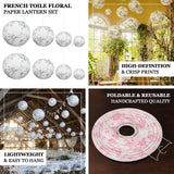 French toile floral paper lantern set, foldable and reusable, easy to hang.