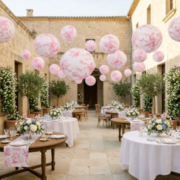 Set of 8 Hanging Paper Lanterns French Toile White with Pink Floral Pattern, Decorative Lanterns - 6", 8", 10", 14"