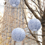 Set of 8 White Blue Chinoiserie Floral Print Hanging Chinese Lanterns, Festival Paper Lanterns