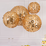 Set of 4 Glitter Gold Payette Sequin Hanging Lanterns Large Decorative Round Foldable Fabric Chinese