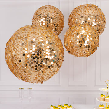 Set of 4 Glitter Gold Payette Sequin Hanging Lanterns, Large Decorative Round Foldable Fabric Chinese Lantern Lampshades - 12",14",16",20"