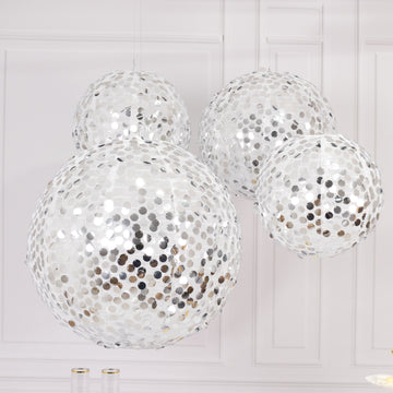 Set of 4 Glitter Silver Payette Sequin Hanging Lanterns, Large Decorative Round Foldable Fabric Chinese Lantern Lampshades - 12",14",16",20"