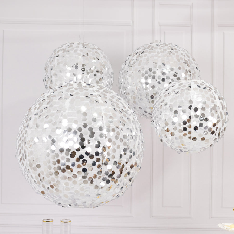 Set of 4 Glitter Silver Payette Sequin Hanging Lanterns, Large Decorative Round Foldable Fabric