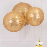 Set of 3 Glitter Gold Sequin Fabric Hanging Lanterns, Large Decorative Round Foldable