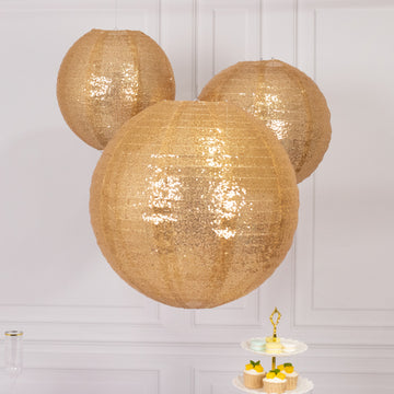 Set of 3 Glitter Gold Sequin Fabric Hanging Lanterns, Large Decorative Round Foldable Chinese Lantern Lampshades - 14",16",20"