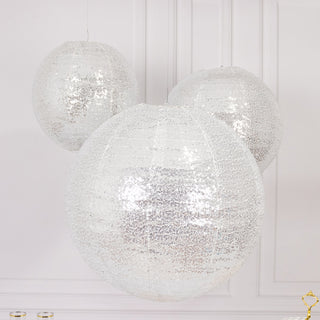 <h3 style="margin-left:0px;"><strong>Sparkling Silver Sequin Fabric Hanging Lanterns</strong>