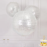 Set of 3 Glitter Silver Sequin Fabric Hanging Lanterns, Large Decorative Round Foldable