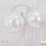 Set of 3 Glitter Silver Sequin Fabric Hanging Lanterns, Large Decorative Round Foldable