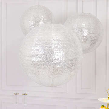 Set of 3 Glitter Silver Sequin Fabric Hanging Lanterns, Large Decorative Round Foldable Chinese Lantern Lampshades - 14",16",20"