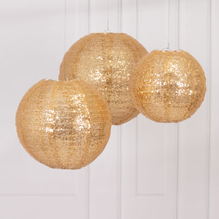 <h3 style="margin-left:0px;"><span style="background-color:transparent;color:#111111;">Sparkly Gold Sequin Fabric Hanging Lanterns</span>