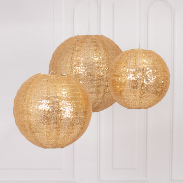 Set of 3 Glitter Gold Sequin Fabric Hanging Lanterns, Decorative Round Foldable Chinese Lantern Lampshades - 8",10",12"