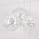 Set of 3 Glitter Silver Sequin Fabric Hanging Lanterns