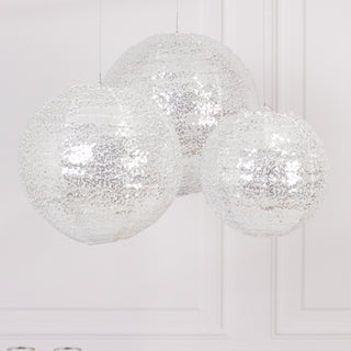 <h3 style="margin-left:0px;"><span style="background-color:transparent;color:#111111;">Versatile Silver Sequin Fabric Hanging Lanterns</span>