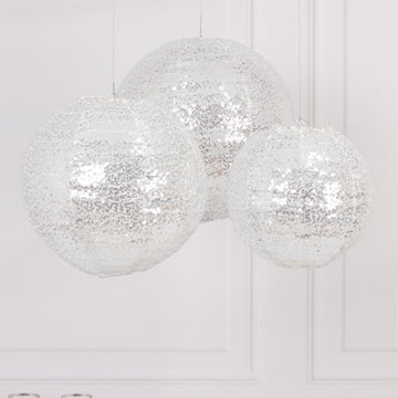 Set of 3 Glitter Silver Sequin Fabric Hanging Lanterns, Decorative Round Foldable Chinese Lantern Lampshades - 8",10",12"