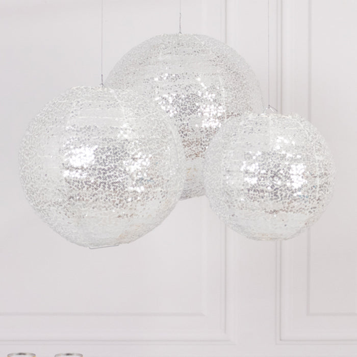 Set of 3 Glitter Silver Sequin Fabric Hanging Lanterns